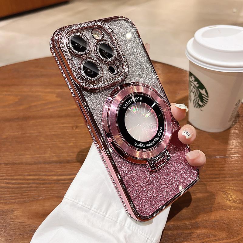 Applicable To Apple 16promax Mobile Phone Case New IPhone 15PM Magnetic Bracket 12 Rhinestone Edge 13 Flash Powder 11