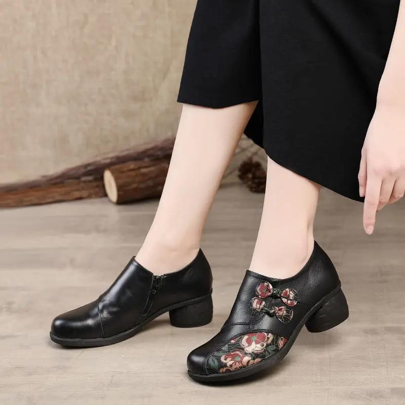 Mode Bequem Retro Floral Niedrige Absätze Klassische Pumps Damen Vintage Echte Lederschuhe Damen Handgefertigt Böhmische Pumps Schuhe Schwarze Absätze