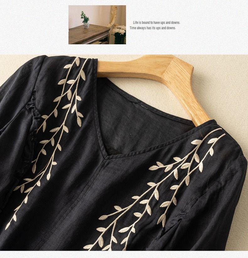 Women's Retro Embroidered Cotton & Linen Top - Loose Fit, Versatile, 2024 Summer Collection