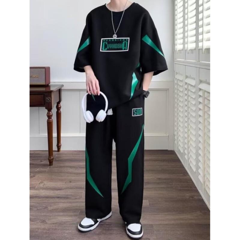 Men's Summer Casual Sports Set Youth Loose-Fit Short-Sleeve T-Shirt + Long Pants Stylish Two-Piece Set