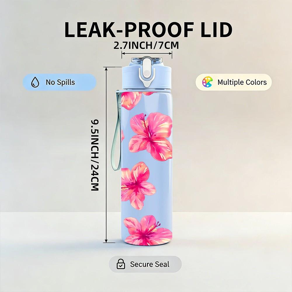 1PC Pink Hibiscus Floral Bloom Print 750ml Color Plastic Sports Water Bottle Leakproof Flip Straw Lid Suitable for Sports Office Home Use