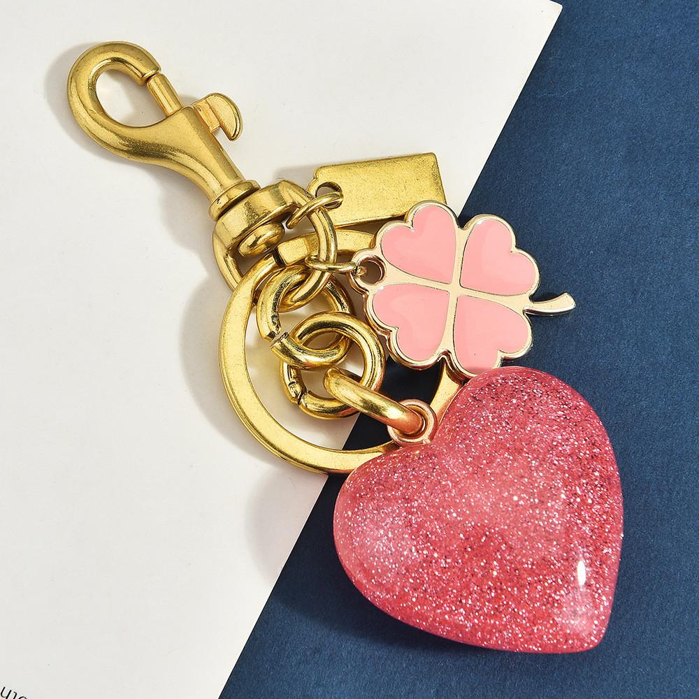 Love Heart Four Leaf Clover Keychain With Glitter Resin Metal For Fashion Bags And Gifts