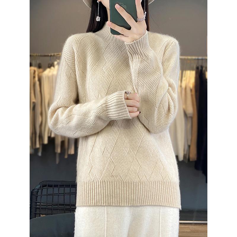 

Women s Elegant Semi-High Neck Wool Sweater - Autumn/Winter Slimming Knit Pullover S