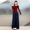 Petite Vintage High Waist Wide Leg Dark Blue Jeans - Women's Autumn Loose Fit Floor-Length Pants