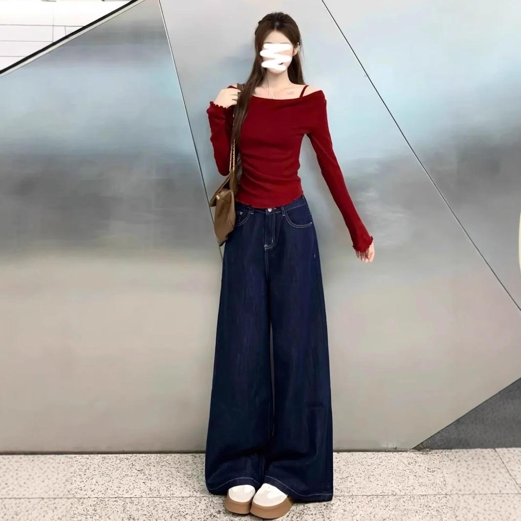 

Petite Vintage High Waist Wide Leg Dark Blue Jeans - Women s Autumn Loose Fit Floor-Length Pants Extra Large темно-синього кольору