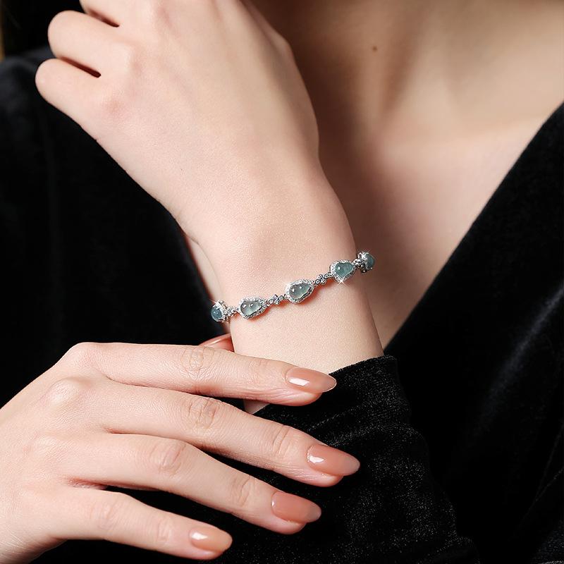 Natural Blue Water Jadeite Dangerous Material Gourd Bracelet Sterling Silver S925 National Tide Wind Burst Exquisite High-end Chain Light Luxury