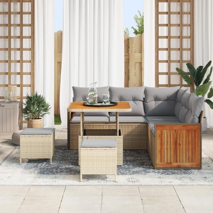 Ensemble de canapé de jardin 8 pièces avec coussins en poly rotin beige Acacia, Canapé de jardin 2 places avec coussins 3363302