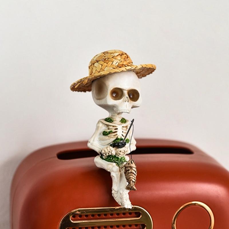 Miniature Resins Skeleton Fishing by Pond Intricate Detailing Figurine Gift for Collectors and Halloween Enthusiasts