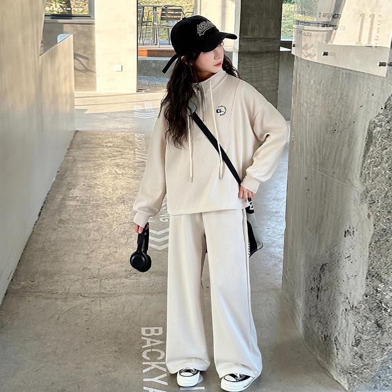 

Korean Style Girls Loose Hoodie & Sweatpants Set - Spring 2026 New Arrival, Medium & Large Casual Half-Zip Two-Piece 160 cm слонова кістка/мигдалевий
