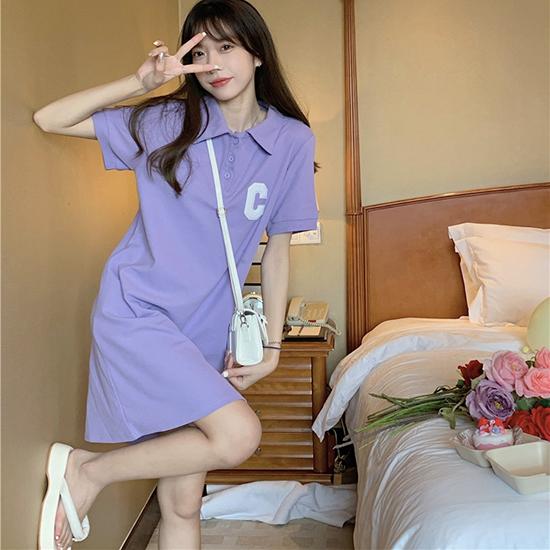Abito a Maniche Corte Ricamato con Collo Polo Slim Fit Abbigliamento da Donna Estivo Stile College Ampio Linea A Tubino Dritto Moda Abbigliamento da Donna