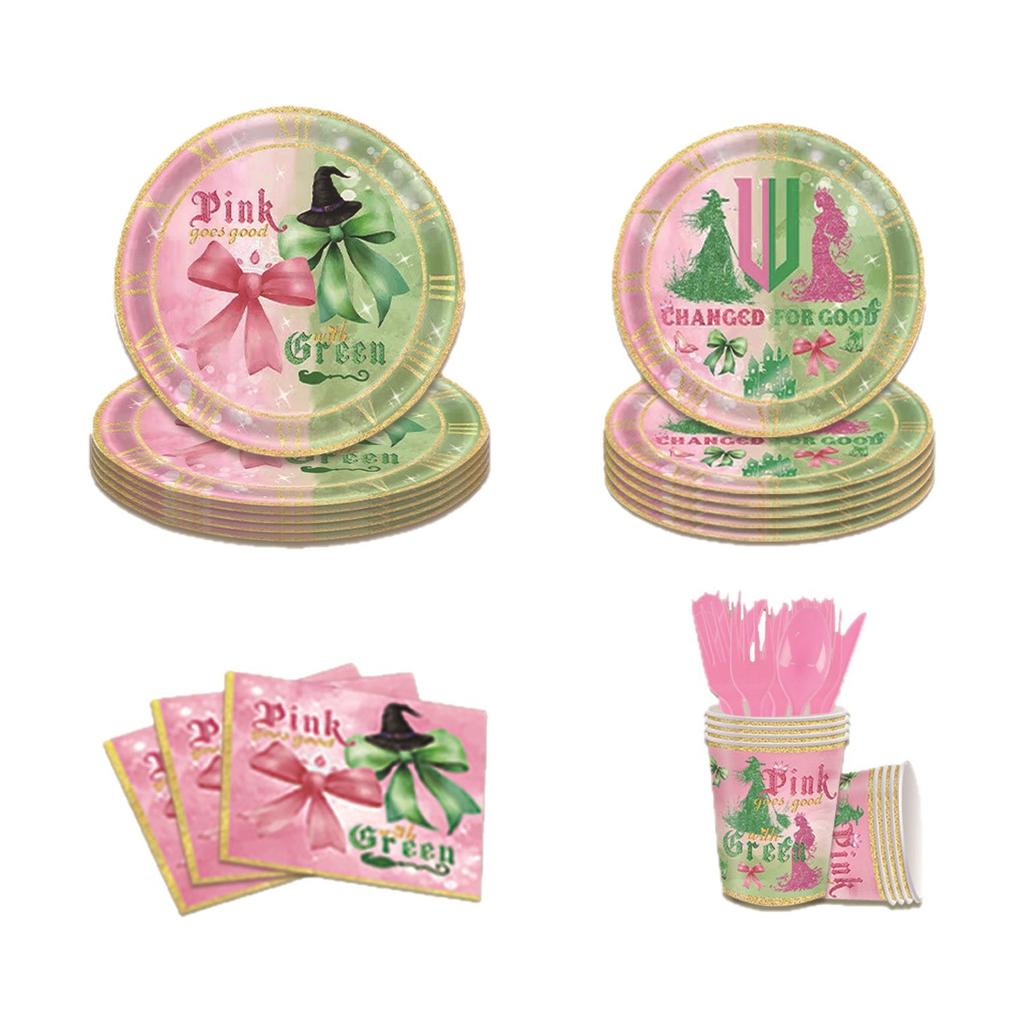 Pink Green Witch Theme Birthday Party Cutlery Paper Plates Paper Cups Paper Towels Tablecloths Flag Birthday Party Supplies