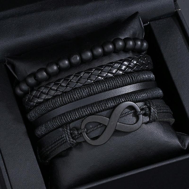 4pcs Casual Vintage Leather Adjustable Bracelet Set, Suitable For Men's Daily Wear, Birthday, Party, Date, Gift
