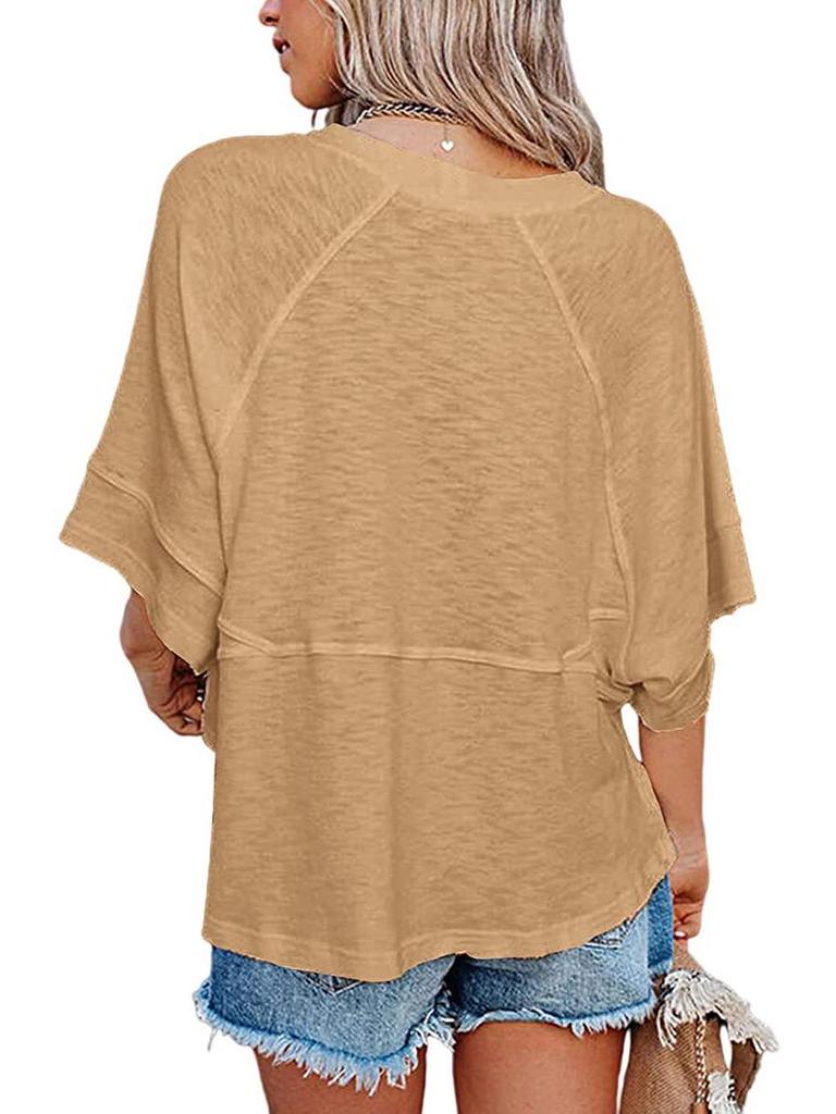 2025 Trendiges gespleißtes einfarbiges Glockenärmel-Lockeres Damen-T-Shirt