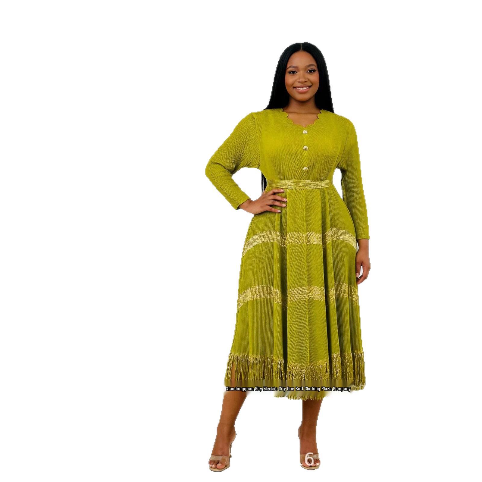 

New Miyake Elegant Pleated Dress with Tassel and Fish Scale Design in Plus Size for Women - Cross-border Africa. One Size 80-200 jin темно-зеленого