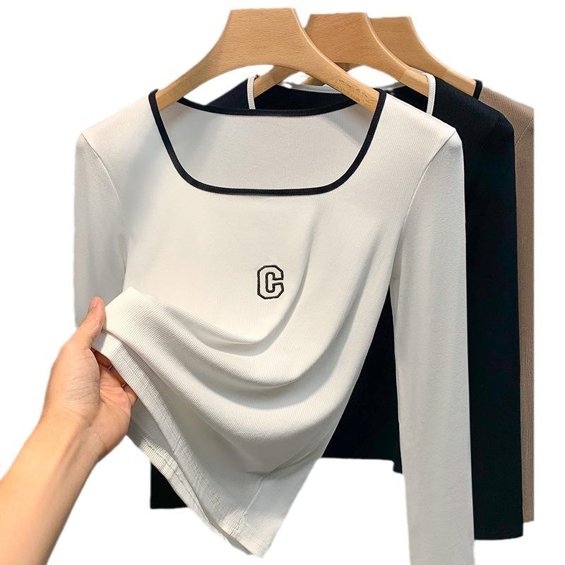 

Тонкая базовая футболка для женщин Новая женская футболка с длинным рукавом контрастного цвета с надписями Приталенный топ с квадратным вырезом для ношения под одеждой XL