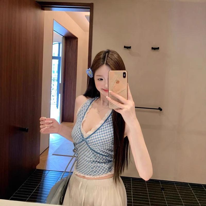 #Summer new niche plaid vest suspender women's splicing lace inside sexy neck spice girl top trendy