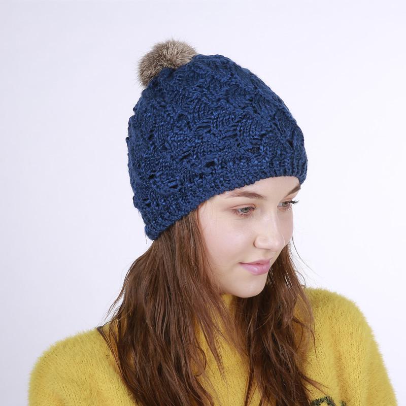 Lady Handmade Knitted Hat Double Layer Fan-Shaped Knitting Pompom Hat Hood Rabbit Hair Ball Woolen Warm Hood Warm Cap  B-8470