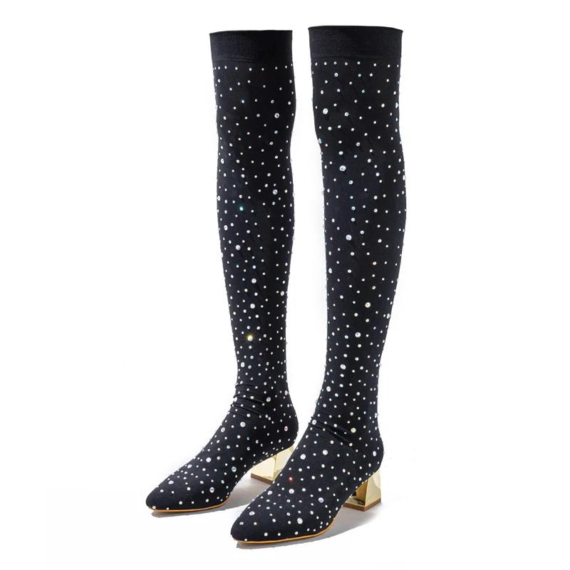 Eilyken Autumn Winter Stretch Fabric Over The Knee Women Boots Rhinestones Thick with Pointed Nightclubs Thigh High Long Booties