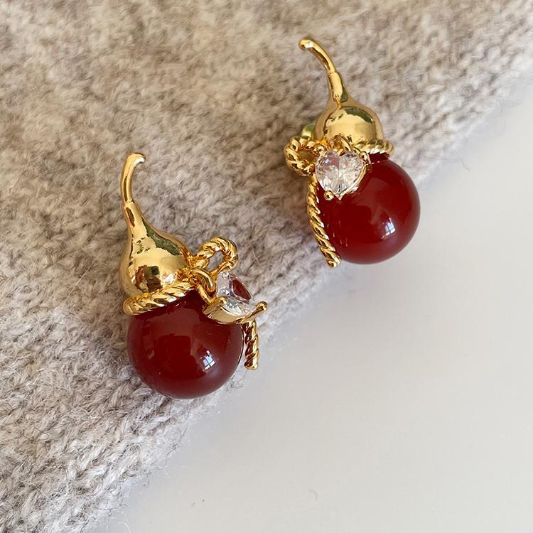 18k Gold Plated Zircon Acrylic Gourd Earrings - Lightweight Luxury with a Modern Chinese Style.