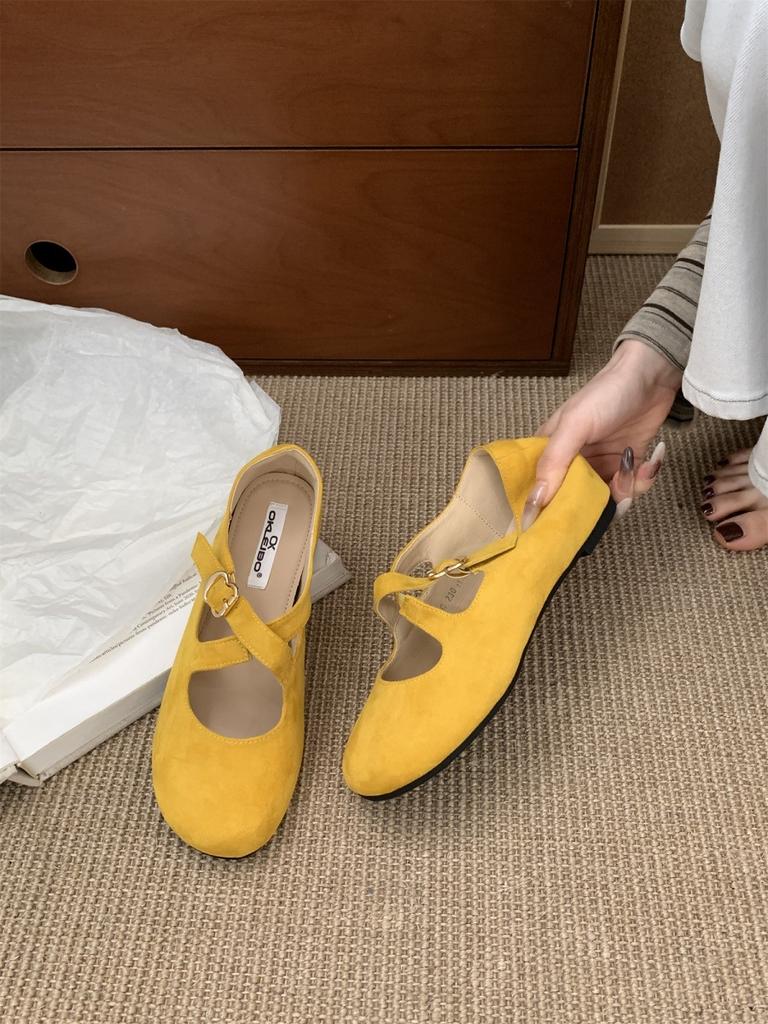 2025 Simple and Versatile Suede Cross with Flat Mary Jane Shoes Retro Inner Height Increase Commuter Ballet Single Shoes Women
