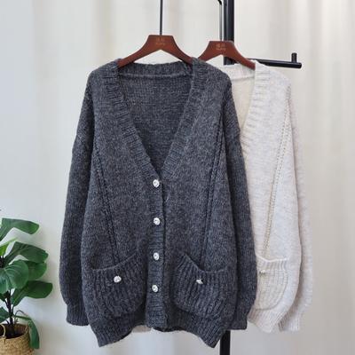Medium and Long V-neck Knitted Cardigan Autumn and Winter New Loose Lazy Style Temperament Sweater Jacket Women