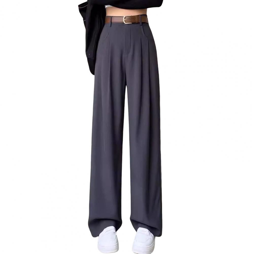 Women Long Pants Button Zipper Fly High Waist Office Lady Trousers with Pockets Solid Color Straight Wide Leg Suit Pants