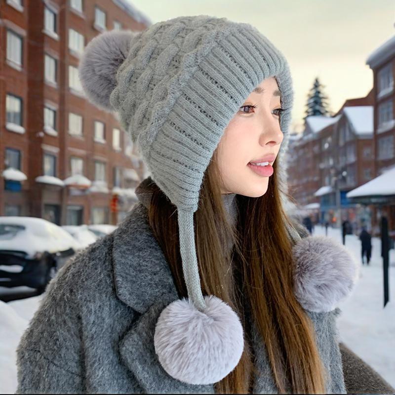

Ленивый ветер утолщенная двухслойная защита ушей и холодостойкая шапка из кроличьего меха с тремя меховыми помпонами плюс бархатная защита лица вязаная шапка M серый