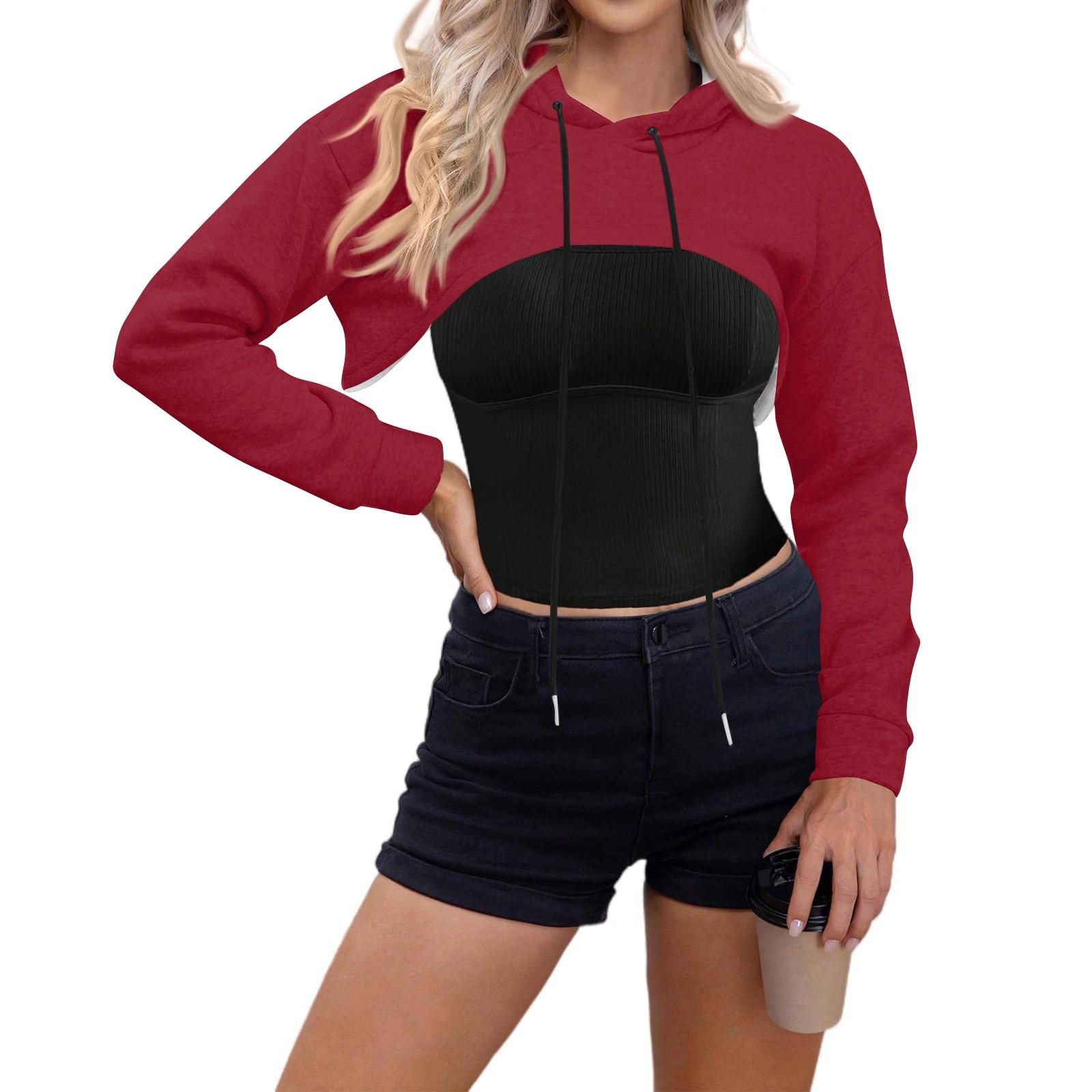 

Женский топ-пуловер, ультракороткая толстовка, однотонная, с длинным рукавом, на шнурке, толстовка с капюшоном XXL красный