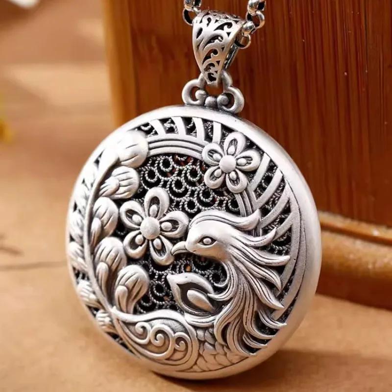 Classic Glossy Phoenix Flower Pendant Vintage Hollow Out Design Round Chinese Style Necklace For Women   Jewelry
