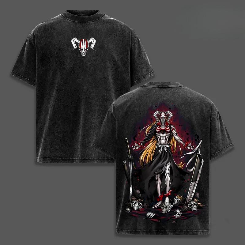 Anime BLEACH Kurosaki Ichigo Printed Tee Men Women Washed Cotton T-shirts Vintage Casual T Shirt Harajuku Male Oversized Tshirt S чёрный