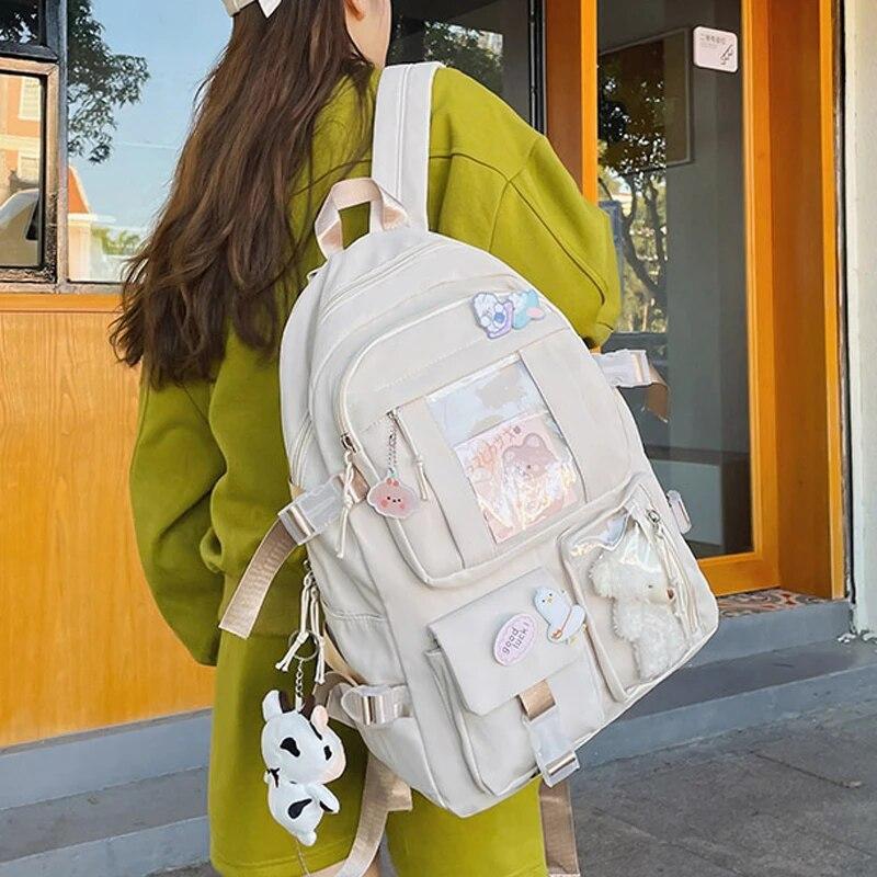 Kawaii Multi-Pocket Waterproof Nylon School Backpack for Women and Girls Cute Laptop Book Pack for Students