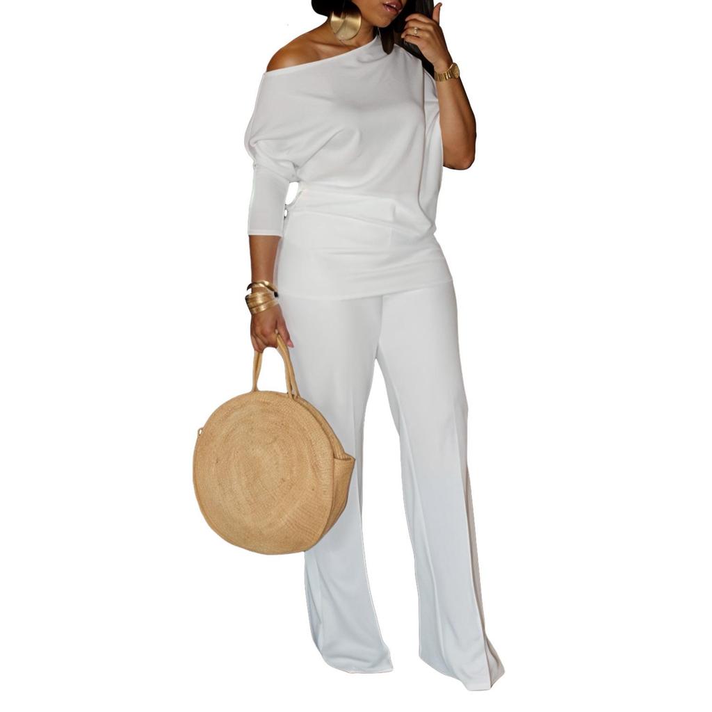 Women's Autumn Fashion Solid Slant Neck Top with Wide Leg Pants Set