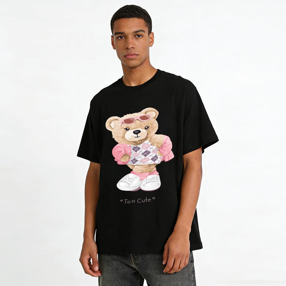 Trendy Cute Bear Print Top Retro Argyle Pink Style Unisex Loose Casual Comfortable T-Shirt Pure cotton T-shirt
