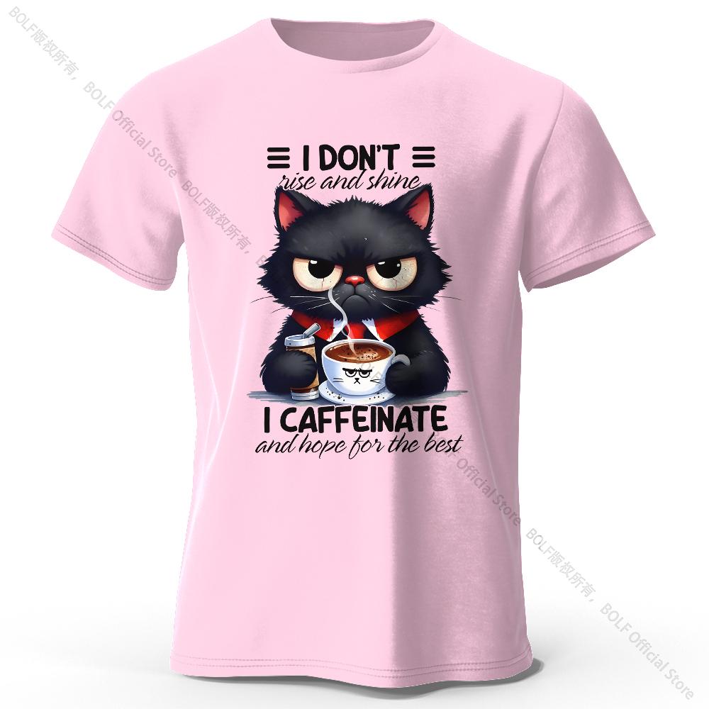 Coffee Loving Cat Print 100% Cotton T-Shirt, Soft & Breathable Round Neck Short Sleeve Tee, Unisex Fun & Quirky Style