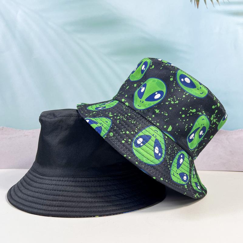 Summer new visor children green cartoon smiley face alien print bucket hat student pot hat female