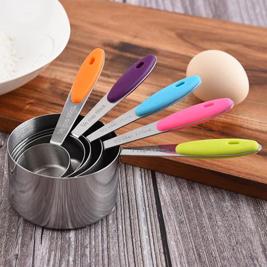 5Pcs/Set Measuring Spoon Set Clear Scale Ring Buckle Silicone Handle Stainless Steel Sugar Powder Spoon Measuring Cup Home Supplies