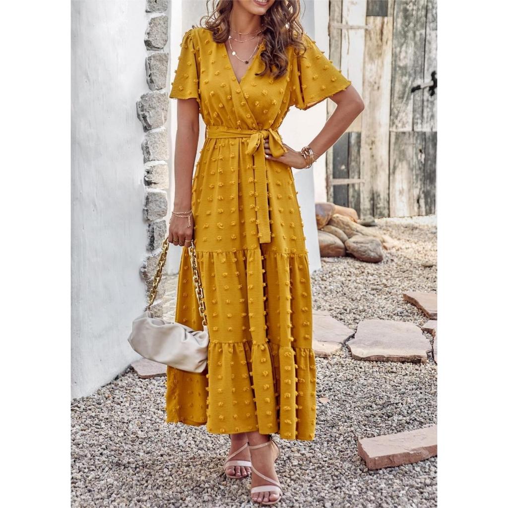 New Boho Swiss Dot Maxi Dress for Women, V Neck Flowy Short Sleeve Tie Waist A Line Long Dress