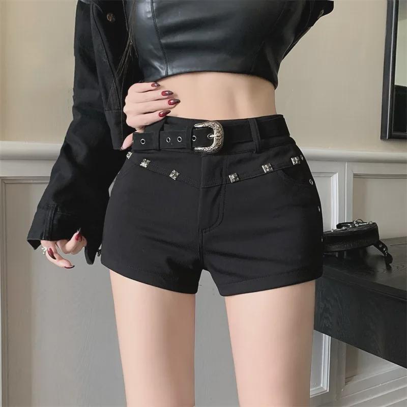 High Waist Slim Straight Black Rivet Casual Shorts for Women - Summer American Style Skinny Jeans