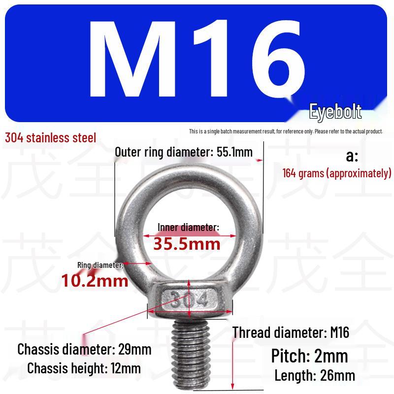 304 Stainless Steel Lifting Eye Bolt, Extended M3-M36 Round Screw