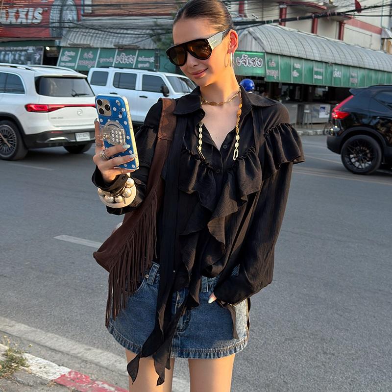 Romantic Style Draped Ruffle Ribbon V-neck Blouse One Size чёрный