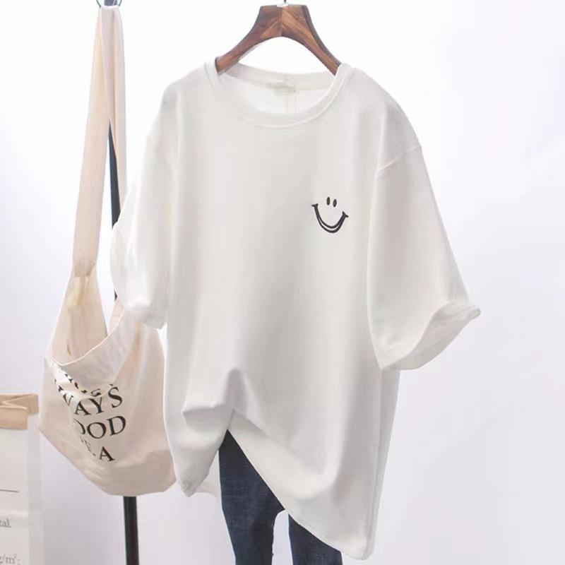 

American smile print T-shirt women s shoulder summer new college style loose short-sleeved white top M