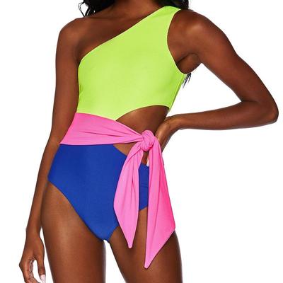 Jednoczęściowy kostium kąpielowy z małym dekoltem i kontrastowym splotem, damskie bikini z wycięciem