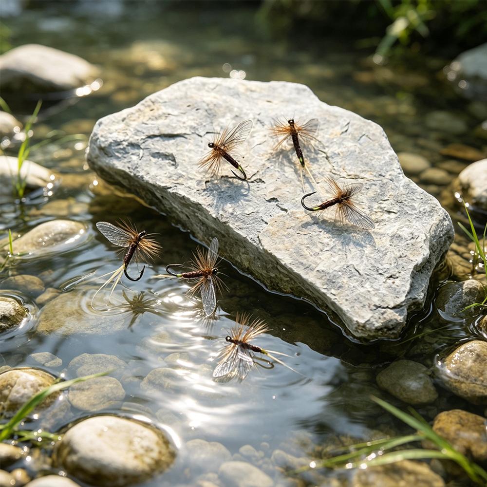 5 Stück braune Eintagsfliege Trockenfliege, durchsichtiger Flügel mit klaren Adern, künstlicher Fliegenfischerköder für Forelle, Döbel, Bach Süßwasserfischerei