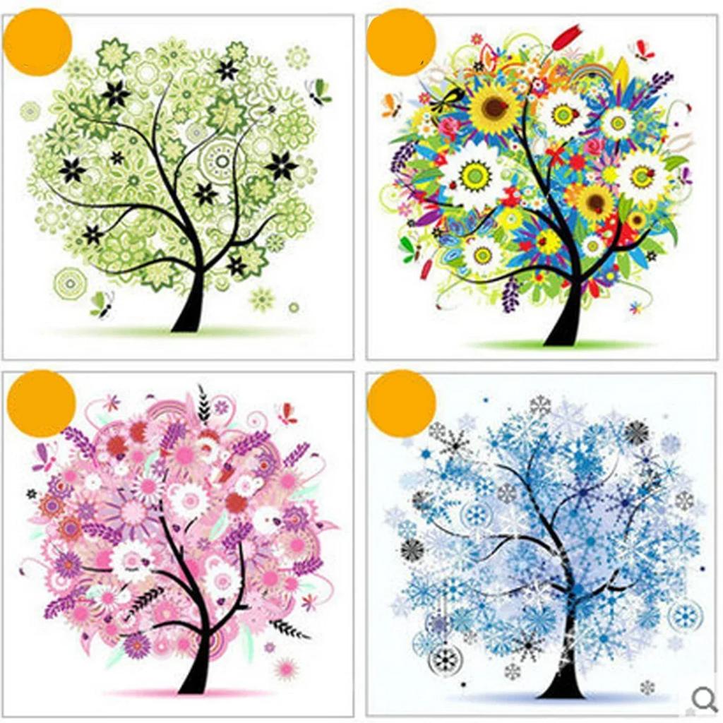 Colorful Four Seasons Tree Counted Cross Stitch Kit Embroidery Package Spring Summer Autumn Winter Living Room Home Decorative