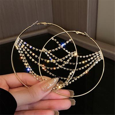 XIALUOKE Orecchini a cerchio con catena di cristallo rotondo in metallo iperbole per donna, personalità vintage, grandi orecchini a cerchio, gioielli con dichiarazione