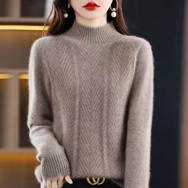 

Sweater Women s Autumn and Winter Casual Long-sleeved Half Turtleneck Knitted Sweater Loose Solid-color Pullover One Size хаки