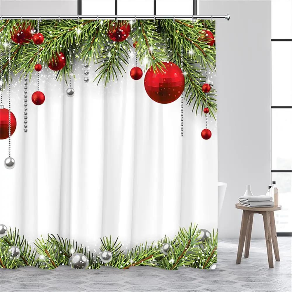 Funny Red Santa Claus Shower Curtain Gold Xmas Balls Gifts White Snowflakes Winter Christmas Bath Curtains Home Bathroom Decor