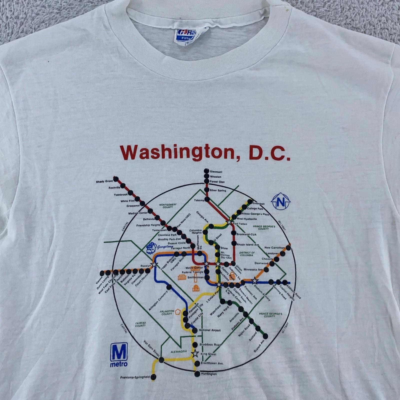 Винтажная футболка Washington DC Мужская Маленькая Белая с Графикой Карты Метро Hanes США 90-х 4XL