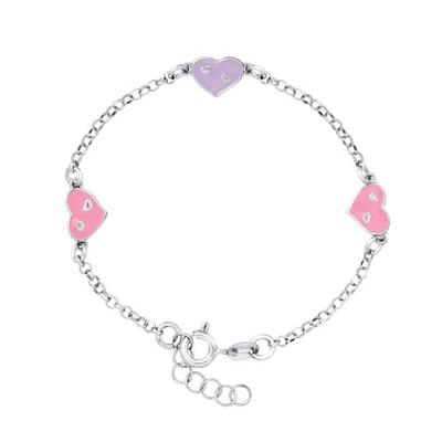 Children's Bracelet - LÉA &; ARTHUR - 3 HEARTS - Rhodium-plated 925 Silver - Pink-Mauve Enamel - Adjustable Length