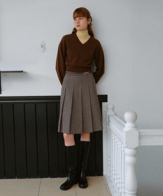 Lora Lora Wool Blended Buckle Pleats Skirt Brown